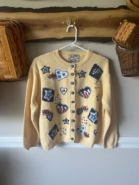 Vintage Heirloom Collectibles Butter Yellow Patriotic Hearts Sweater Cardigan L